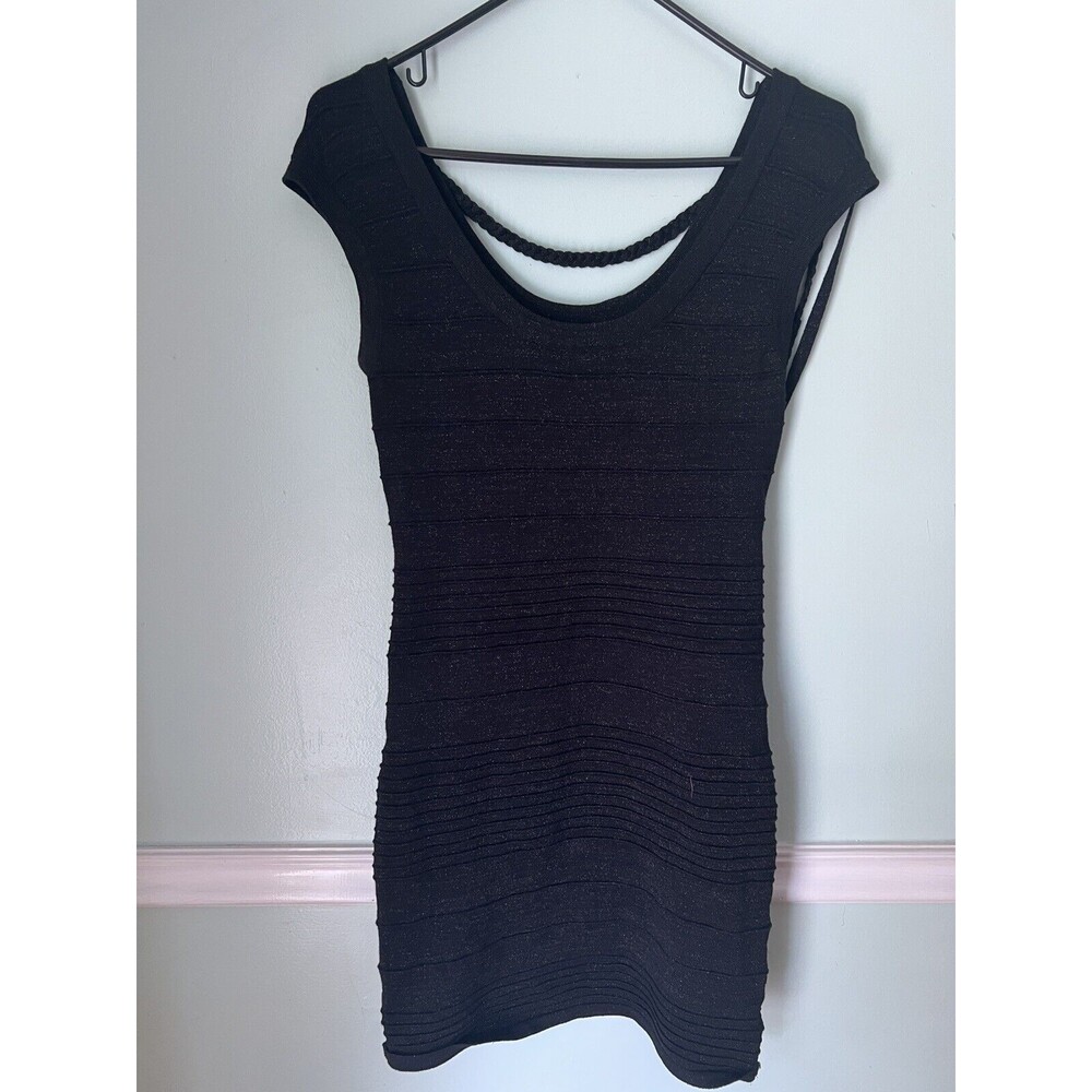 ROMEO & JULIET Couture Black Rayon Body con Mini Dress y2K Fringe whitchy L